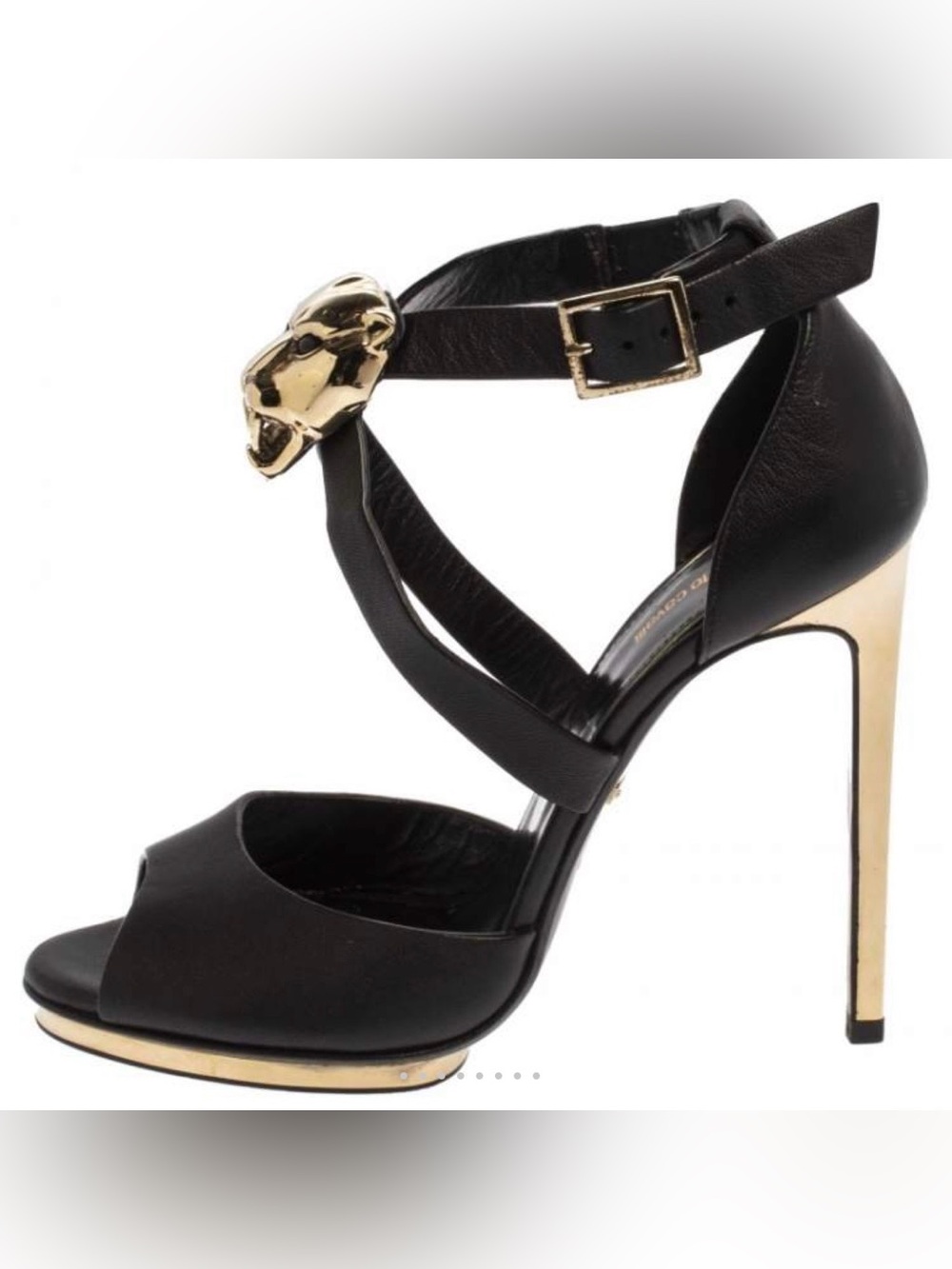 Black High Heel Ankle-Strap Sandal with Gold Accent